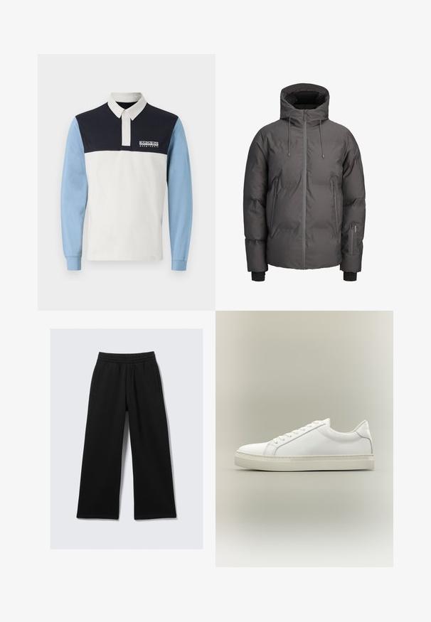 Polstret, hættejakke i mørkegrå, med en frontlynlås, justerbar snoretræk og to sidelommer med lynlås. Glat tekstur.; Langærmet polo-shirt med hvid krop, marineblå skuldre og lyseblå ærmer. Indeholder en krave og et logo på brystet.; Sorte bukser med brede ben, elastik i taljen, to sidelommer og en glat tekstur. Designet for komfort og bevægelsesfrihed.; Hvid lavtop sneaker med snørebånd foran og tyk sål, vist fra siden mod en neutral baggrund.