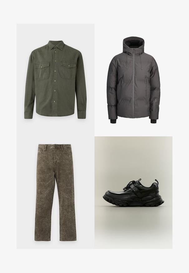 Gevoerde, met capuchon jack in donkergrijs, met een voorrits, verstelbare trekkoorden en twee zijzakken met rits. Glad textuur.; Khaki langekootshirt van katoen. Heeft een knoopsluiting aan de voorkant, twee borstzakken met kleppen en een klassieke kraag. Eenvoudig ontwerp.; Olivegroene denim jeans met een vervaagde, textuurachtige uitstraling. Rechtemodel met voortassen en metalen knoopsluiting.; Zwarte stevige sportschoen met verstelbare riem, koordstopper en robuuste zool, getoond in zijaanzicht tegen een neutrale achtergrond.