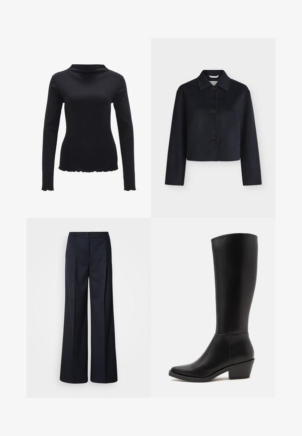 Zwarte cropped jas met lange mouwen, drie knopen aan de voorkant en een puntige kraag op een effen lichte achtergrond.; Zwarte lange mouwen top van gladde stof, met een mock neck ontwerp en een gegolfde zoom. Geen zichtbare patronen of hardwareaccenten.; Wijde broekspijpen in donker marineblauw, gemaakt van gladde stof. Voorzien van een getailleerde tailleband en voorplooien, ontworpen voor een ontspannen pasvorm.; Zwarte leren kniehoge laars met puntige neus en lage blokhak, getoond in rechter zijprofiel op een effen lichte achtergrond.
