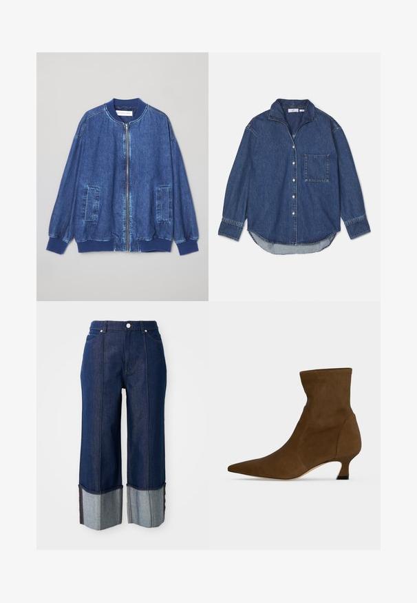 Donkerblauwe denim bomberjack met een ritssluiting aan de voorkant, geribbelde manchetten, twee zijzakken en een gladde textuur met contrasterende stiksels.; Donkerblauwe denimshirt met een kraag, knoopsluitingen, één borstzak en lange mouwen met een afgeronde zoom. Zachte textuur.; Donkerblauwe wijde jeans met opgerolde pijpen die lichter denim tonen, met een knoop aan de voorkant en zakken, op een witte achtergrond.; Bruine enkellaars met spits toelopende neus en lage kittenhak, gemaakt van glad materiaal, getoond tegen een effen achtergrond.
