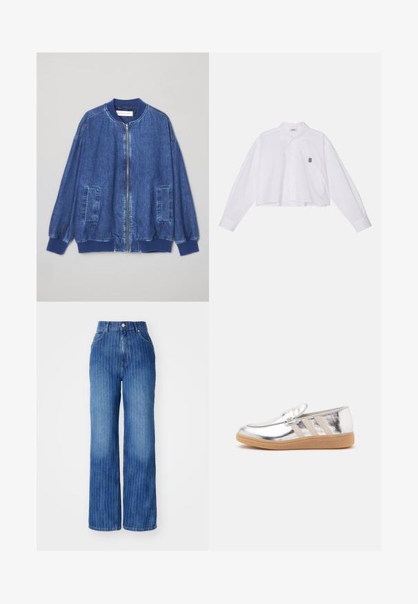 Tumesinine denim bomber-jakk, millel on eesne lukku, ribatud varrukad, kaks küljetaskut ja sile tekstuur kontrastsete õmblustega.; Valge lühendatud nööpidega särgiga, millel on pikad varrukad, klassikaline krae ja vasakul rinnal väike must brodeeritud logo.; Sinine denimpükste laiad sääred koos vertikaalsete valgete triipudega, kõrge vöökoht ja viie taskuga disain, nupp ja lukuga sulgemine.; Hõbedane metallikust loafer, millel on külgedel beežid triibud ja helepruun kummitald, esitatud valgel taustal.