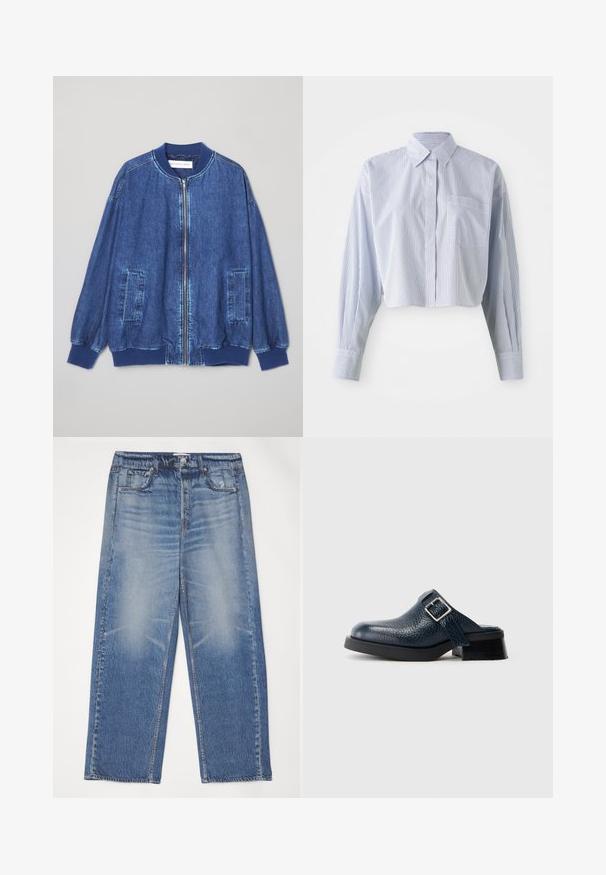Veste bomber en denim bleu foncé avec fermeture éclair sur le devant, poignets côtelés, deux poches latérales et une texture lisse avec des coutures contrastées.; Chemise cropped en rayures verticales bleu et blanc, avec un col pointu, des manches longues et une poche avant. Texture en coton lisse.; Jean en denim bleu à coupe décontractée, avec un devant délavé, cinq poches et une fermeture à bouton. Présente un bouton argenté et des surpiqûres contrastées.; Sabot en cuir bleu marine avec une finition texturée, présentant une sangle latérale et une boucle en argent, reposant sur un petit talon noir avec une semelle robuste.