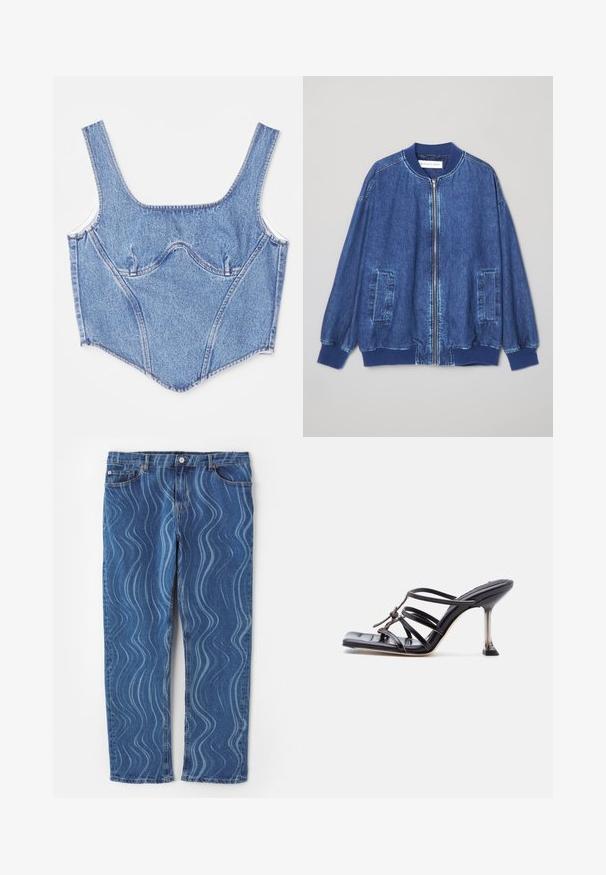 Veste bomber en denim bleu foncé avec fermeture éclair sur le devant, poignets côtelés, deux poches latérales et une texture lisse avec des coutures contrastées.; Top corset en denim avec de larges bretelles, des coutures structurées et une silhouette ajustée. Couleur bleu clair avec des dégradés subtils et des détails de couture contrastants.; Jeans en denim bleu avec un motif ondulé bleu clair, coupe droite, fermeture à bouton et détails cousus sur les poches.; Sandale à talon haut noire avec brides fines, bout carré et talon stiletto mince, présentant des brides qui se croisent et un nœud décoratif sur le dessus.