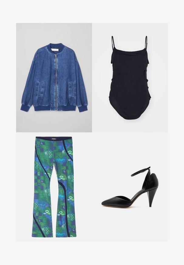 Veste bomber en denim bleu foncé avec fermeture éclair sur le devant, poignets côtelés, deux poches latérales et une texture lisse avec des coutures contrastées.; Haut sans manches noir avec des bretelles fines, fabriqué en tissu doux. Présente des côtés drapés et un ourlet arrondi pour un ajustement décontracté.; Leggings en tissu extensible multicolore avec des motifs verts et bleus, des formes géométriques et des accents bleu foncé sur les côtés.; Escarpin en cuir noir à bout pointu avec bride à la cheville et talon conique sur fond blanc.