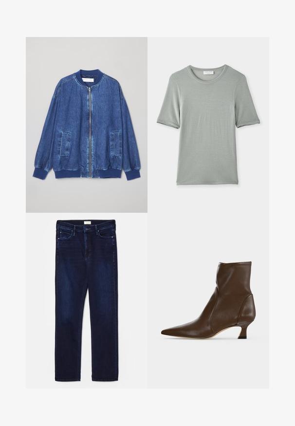 Chaqueta bomber de mezclilla en azul oscuro con cremallera frontal, puños acanalados, dos bolsillos laterales y una textura suave con costuras en contraste.; Camiseta de manga corta y cuello redondo en gris claro, hecha de una tela suave con una textura lisa y costuras sutiles en las mangas y el cuello.; Jeans de mezclilla azul oscuro con un corte ajustado, diseño de cinco bolsillos, detalles de costura y corte recto. Cuenta con un cierre de botón y cremallera.; Botín de cuero marrón con punta puntiaguda y tacón bajo curvado sobre fondo claro.