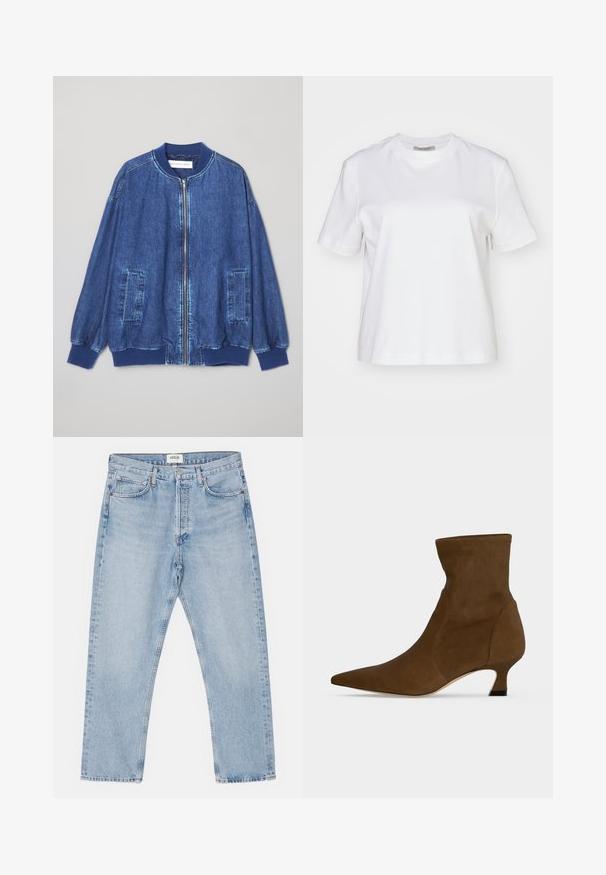 Denim bomberjakke i mørkeblå med frontlynlås, ribbede manchetter, to sidelommer og en glat tekstur med kontraststing.; AllSaints LISA TEE - T-shirts basic - white; Lysblå denimjeans med en klassisk lige skåret ben, fem lommer og knaplukning, der har en subtil falmet effekt og en robust tekstur.; Brun ankelstøvle med spids tå og lav kitten hæl, lavet af glat materiale, vist mod en ensfarvet baggrund.