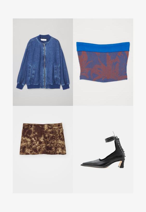 Tumesinine denim bomber-jakk, millel on eesne lukku, ribatud varrukad, kaks küljetaskut ja sile tekstuur kontrastsete õmblustega.; Venitav toru, millel on sinine ühtlane riba üleval. Peamine keha on kaunistatud tekstureeritud mustriga, kus on punased ja sinised vertikaalsed triibud.; Pruunist nubukist mini-seelik, millel on tumedamatest toonidest marmorilaadne muster, kahe eesmist taskut ja puhas lõikega serv. Pehme tekstuur.; Mustast nahast madala kontsaga king terava varbaosaga, tagaküljel paeltega detail ning pahkluu ümber mähitud rihm, valgel taustal.