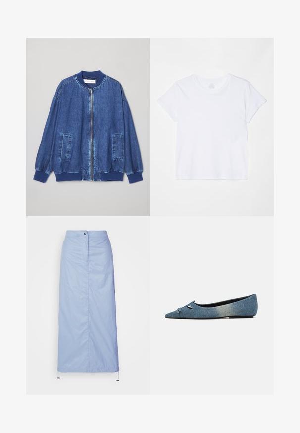 Denim bomberjakke i mørkeblå med frontlynlås, ribbede manchetter, to sidelommer og en glat tekstur med kontraststing.; FRAME BABY TEE - T-shirts basic - white; Lyseblå, mellemlang nederdel lavet af glat, let materiale med lige snit, har en frontknaplukning og en justerbar kant.; Denim balletflade med spids tå, dekorativ sløjfe og sorte detaljer. Blødt, tekstureret stof i en lys til mørk blå gradient. Flad sål.