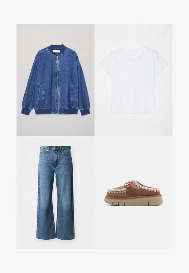 Tummansininen farkku-bomber-takki, jossa on etuvetoketju, ribbireunat, kaksi sivutaskua ja sileä pinta erottuvalla ompeleella.; FRAME BABY TEE - T-paita - white; Sininen farkkukangas, leveälahkeiset, keskipitkä vyötärö, viisi taskua ja hienovarainen kuluminen. Ominaisuuksiin kuuluvat vyölenkit ja ommeltu yksityiskohtia.; Musta ruskearunkoiset nahkakengät, joissa on beige kumipohja, kontrastivärinen punosyksitys päällä ja koristeellinen solkiyksitys.