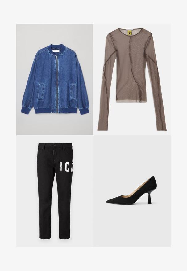 Donkerblauwe denim bomberjack met een ritssluiting aan de voorkant, geribbelde manchetten, twee zijzakken en een gladde textuur met contrasterende stiksels.; Bruine mesh top met lange mouwen, gekenmerkt door een transparante textuur, ronde halslijn en asymmetrische naden voor extra ontwerpelementen.; Zwarte spijkerbroek van denim met een slim fit. Beschikt over witte grafische tekst op de voorkant, vijf zakken en een knoopsluiting. Soepele textuur.; Zwarte suède high-heeled pump met een spitse neus, voorzien van een glanzende zwarte blokhak en een gladde binnenvoering.