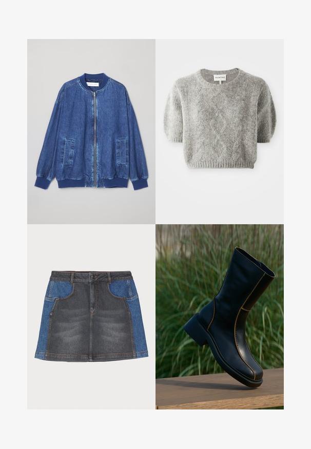 Denim bomberjakke i mørkeblå med frontlynlås, ribbede manchetter, to sidelommer og en glat tekstur med kontraststing.; Grå kortærmet pullover sweater med kabelstrik mønster og ribbet kant. Fremstillet af et blødt, tekstureret materiale. Brandlabel synligt ved halsen.; Denim nederdel med en mørkegrå front og lyseblå sidelapper, en almindelig talje, to forlommer og kontrastsying.; Sort læderankelstøvle med sideskydelås og brun syning, placeret opret på en træflade med græs i baggrunden.