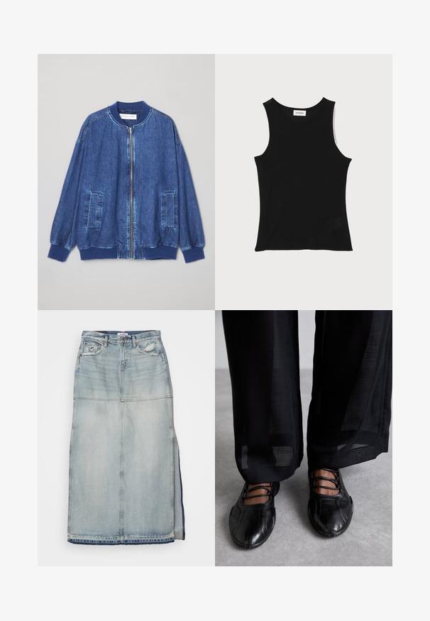 Veste bomber en denim bleu foncé avec fermeture éclair sur le devant, poignets côtelés, deux poches latérales et une texture lisse avec des coutures contrastées.; Débardeur noir à côtes avec un encolure ronde et de larges bretelles, présentant une finition texturée subtile et un petit détail en mesh au bas.; Jupe en denim bleu clair à taille haute, avec des patches décolorés, une fente à l'avant et un ourlet effiloché. Comprend quatre poches et une fermeture à bouton en métal.; MIISTA AVERIE - Babies - black