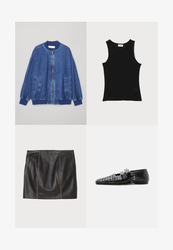 Chaqueta bomber de mezclilla en azul oscuro con cremallera frontal, puños acanalados, dos bolsillos laterales y una textura suave con costuras en contraste.; Top de tirantes negro acanalado con escote redondo y tirantes anchos, que presenta un acabado texturizado sutil y un pequeño detalle de malla en el dobladillo.; Falda de cuero negra con detalles de paneles cosidos, silueta recta y textura suave. Diseño minimalista sin herrajes.; Zapato plano de cuero tejido negro con correas de doble hebilla y punta cuadrada redondeada sobre fondo blanco.