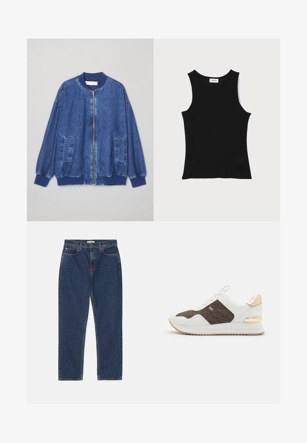 Denim bomber jacket in dark blue featuring a front zip, ribbed cuffs, two side pockets, and a smooth texture with contrast stitching.; Black ribbed tank top with a round neckline and wide shoulder straps, featuring a subtle textured finish and a small mesh detail at the hem.; RE/DONE LOOSE LONG - Straight leg jeans - dark blue denim; White sneakers with brown patterned fabric panel, gold hardware accents, round toe, lace-up design, and textured rubber sole.