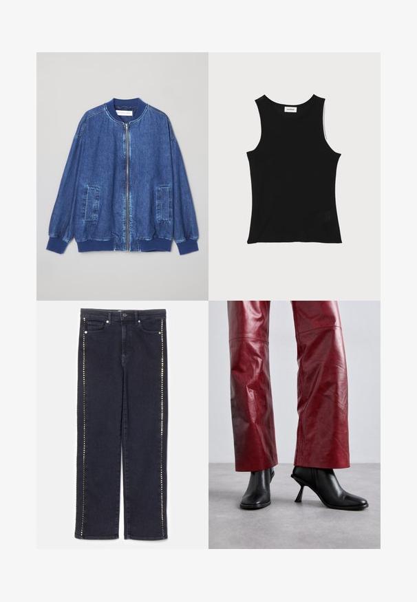 Tumesinine denim bomber-jakk, millel on eesne lukku, ribatud varrukad, kaks küljetaskut ja sile tekstuur kontrastsete õmblustega.; Must räbitud sõrmik top ümmarguse kaeluse ja laiapoolsete õlgadega, millel on pehme tekstuur ja väike võrkdetail helmel.; Tumedat teksased, millel on sirge jalgade disain ja külgõmbluste ääres rida metallist nuppe, pakkudes eristuvat aktsenti.; Mustad kontsaga mustad ankle saapad, millel on terav nina ja nurgeline disain, koos kõrge vöökohtadega punaste nahkpükstega, millel on peen muster.