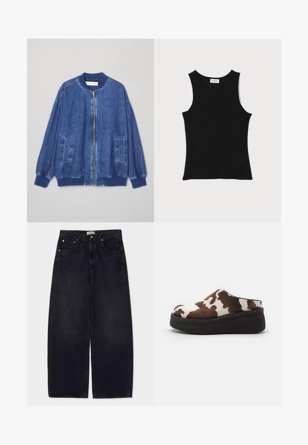 Denim bomberjakke i mørkeblå med frontlynlås, ribbede manchetter, to sidelommer og en glat tekstur med kontraststing.; Sort ribbet tanktop med rund halsudskæring og brede skulderstropper, med en subtil struktureret finish og en lille mesh-detalje ved kanten.; Bredde ben sorte denim jeans med kobberknapper, to frontlommer og en glat overflade. Rent design med lige snit.; Brune og hvide ko-print platform-træsko med en blød overdel, rund tå og en holdbar sort gummisål. Sømløs detaljering ved bunden.