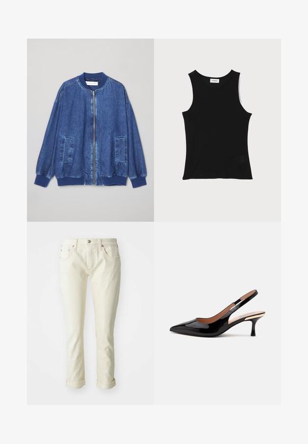 Veste bomber en denim bleu foncé avec fermeture éclair sur le devant, poignets côtelés, deux poches latérales et une texture lisse avec des coutures contrastées.; Débardeur noir à côtes avec un encolure ronde et de larges bretelles, présentant une finition texturée subtile et un petit détail en mesh au bas.; Jean en denim beige avec une coupe ajustée, comportant cinq poches, une fermeture éclair et des ourlets roulés pour une finition cropped.; Escarpin slingback en cuir verni noir avec bout pointu et petit talon kitten sur fond blanc uni.