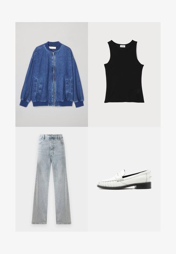 Veste bomber en denim bleu foncé avec fermeture éclair sur le devant, poignets côtelés, deux poches latérales et une texture lisse avec des coutures contrastées.; Débardeur noir à côtes avec un encolure ronde et de larges bretelles, présentant une finition texturée subtile et un petit détail en mesh au bas.; Jean en denim bleu clair avec taille haute, silhouette à jambes larges, design traditionnel à cinq poches et effets de décoloration subtils.; Mocassin en cuir blanc avec détail cousu sur l'orteil, petit talon noir, et design sans lacets, présenté de profil sur un fond uni.