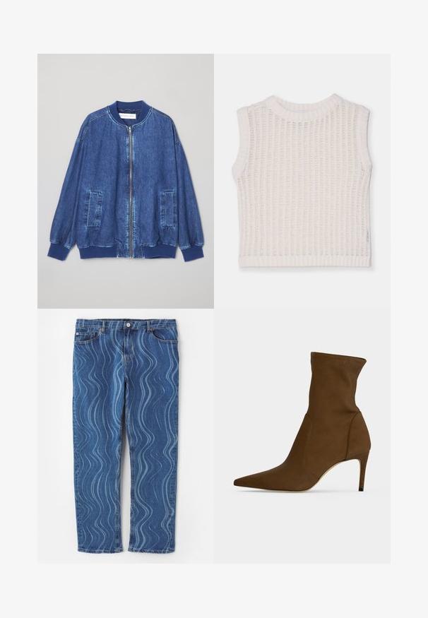 Veste bomber en denim bleu foncé avec fermeture éclair sur le devant, poignets côtelés, deux poches latérales et une texture lisse avec des coutures contrastées.; Débardeur blanc sans manches avec une texture côtelée, présentant un col rond et un design en tricot ouvert. Silhouette simple et décontractée.; Jeans en denim bleu avec un motif ondulé bleu clair, coupe droite, fermeture à bouton et détails cousus sur les poches.; Bottine marron à bout pointu avec un talon moyen-haut fin et une tige en tissu lisse.