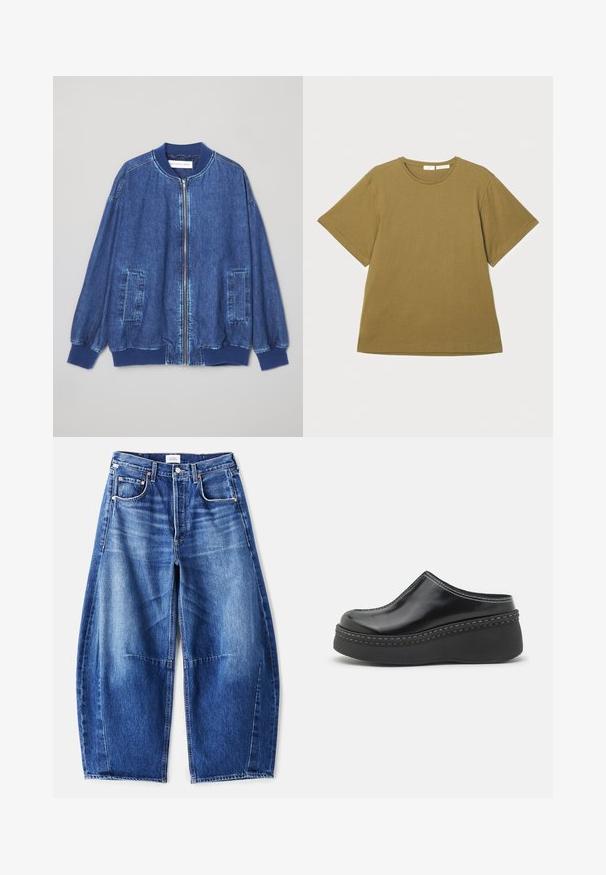 Donkerblauwe denim bomberjack met een ritssluiting aan de voorkant, geribbelde manchetten, twee zijzakken en een gladde textuur met contrasterende stiksels.; Olijf groene T-shirt met korte mouwen, gemaakt van zachte stof, met een ronde hals en een relaxed fit, weergegeven tegen een witte achtergrond.; Wijde blauwe denim jeans met een vervagende afwerking, voorzien van vijf zakken, koperen klinknagels en een rits sluiting. De stof is gestructureerd en stevig.; Zwarte glanzende platformklompen met een ronde neus, gebogen bovenkant en contrasterende witte stiksels langs de rand van de zool.