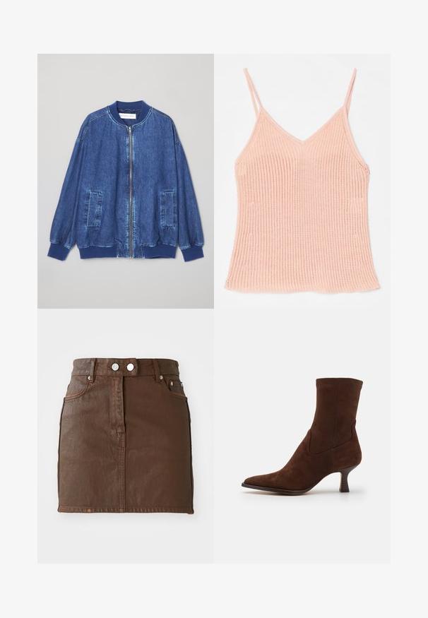 Veste bomber en denim bleu foncé avec fermeture éclair sur le devant, poignets côtelés, deux poches latérales et une texture lisse avec des coutures contrastées.; Camisole en tricot de couleur pêche, avec des bretelles réglables fines, un décolleté en V, une texture côtelée et un ourlet droit.; Jupe en denim marron mini avec une taille haute, deux poches avant, des accents de boutons en argent et une texture lisse.; Dolce Vita ARYA - Bottines - dark brown