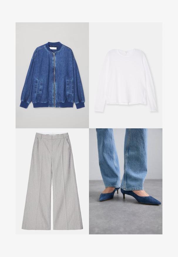 Veste bomber en denim bleu foncé avec fermeture éclair sur le devant, poignets côtelés, deux poches latérales et une texture lisse avec des coutures contrastées.; Chemise blanche à manches longues, en tissu doux, avec un col rond, une coupe décontractée et des fentes sur les côtés à l'ourlet pour faciliter les mouvements.; Pantalons larges gris à rayures verticales, présentant une texture lisse et un subtil éclat. Comprend des poches avant et une ceinture.; Des escarpins en suedine bleue avec des bouts pointus et un petit talon, assortis à un jean en denim bleu clair avec une coupe droite.