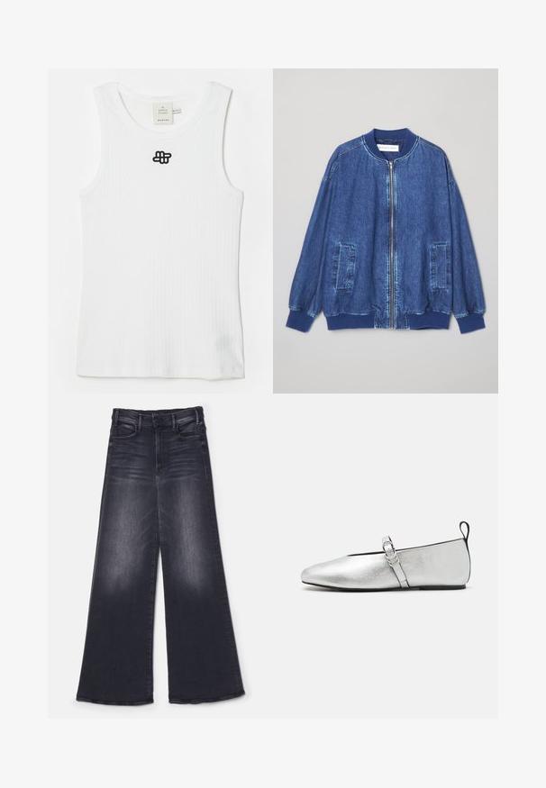 Veste bomber en denim bleu foncé avec fermeture éclair sur le devant, poignets côtelés, deux poches latérales et une texture lisse avec des coutures contrastées.; Débardeur blanc à côtes en coton, avec un col rond et un logo brodé noir en haut à gauche. Design simple, sans manches.; Mother THE HUSTLER ROLLER SNEAK - Wide Leg - not today satan; rag & bone SPIRE MARY JANE - Babies - silver