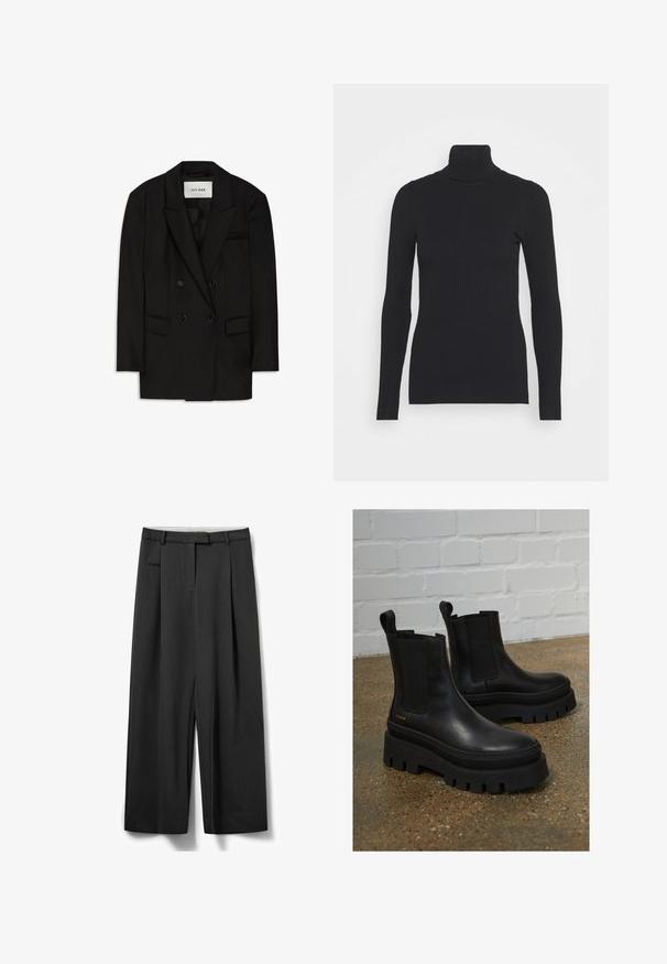 Sort dobbeltbrystet blazer lavet af glat stof, med slagkrave, to forlommer og en brystlomme med et elegant design.; Sort ribbet rullekravesweater med lange ærmer og en tætsiddende silhuet. Teksturen er glat med et vandret ribmønster.; Løse sorte bukser lavet af stof med en glat tekstur, med plisseringer, sidelomme og en linning med bæltestropper.; Sort læder ankelstøvler med elastiske sidepaneler, tykke sorte platformssåler og syninger, der har en løftesanordning for nem påtagning.
