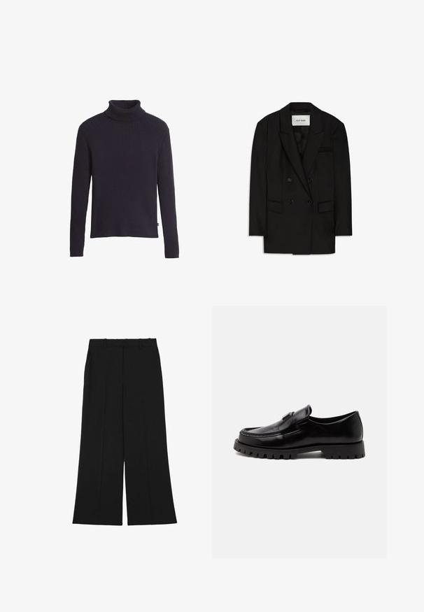 Blazer negro de doble botonadura hecho de una tela suave, con cuello de muesca, dos bolsillos frontales y un bolsillo en el pecho con un diseño elegante.; Suéter negro de cuello alto acanalado con mangas largas, hecho de un tejido de punto texturizado. Cuenta con un cuello ajustado y un dobladillo recto.; Pantalones negros de pierna ancha hechos de una tela suave. Presentan una cintura alta, doble pinza frontal y trabillas para cinturón. No tienen bolsillos ni adornos visibles.; Mocasín de cuero negro con suela robusta y tacón bajo, con un acabado pulido y un detalle de correa en la parte superior.