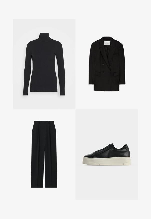 Čierny dvojradový blazer z hladkého materiálu, s vystúpeným golierom, dvoma prednými vreckami a vreckom na hrudi s elegantným dizajnom.; Čierny rebrovaný rolák, ktorý má dlhé rukávy a priliehavý strih. Textúra je hladká s horizontálnym rebrovaním.; Reiss PETITE FIT - EDEN ELASTICATED WAIST WIDE - Nohavice - navy; Čierny kožený nízky teniska s hrubou bielou platformovou podrážkou a čiernymi šnúrkami na jednoduchom svetlom pozadí.