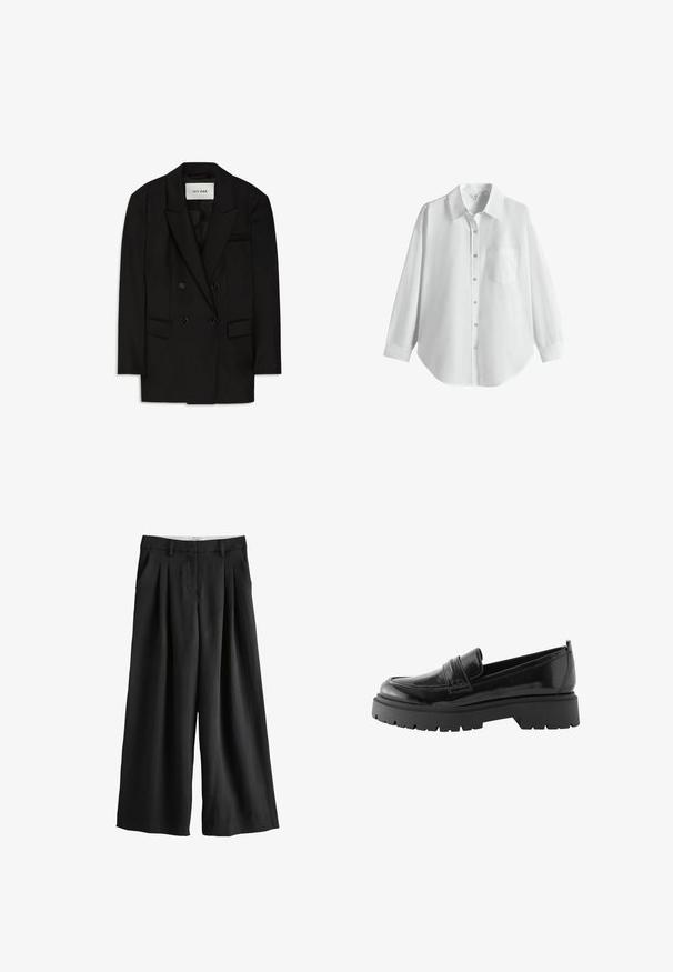 Sort dobbeltbrystet blazer lavet af glat stof, med slagkrave, to forlommer og en brystlomme med et elegant design.; Hvid langærmet skjorte med knapper, krave og brystlomme, vist på en ensfarvet hvid baggrund.; Sorte bukser med vide ben med plisseringer ved taljen, bæltestropper, sidelommer og en lige kant.; Sorte lakerede loafers har en lav platformssål med en robust træd og en quiltet detalje over midtfoden.