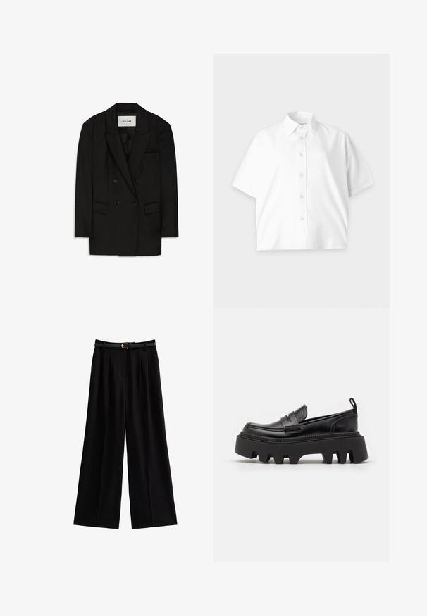 Sort dobbeltbrystet blazer lavet af glat stof, med slagkrave, to forlommer og en brystlomme med et elegant design.; Hvid kortærmet skjorte med knapper og krave, enkelt design og diskret logo på brystet, vist på en lys baggrund.; Bredde ben sorte bukser lavet af blødt stof, med skarpe folder og et tekstureret sort bælte med en gylden spænde.; Sorte læder loafers med en kraftig sort gummisål, der har skridsikre riller og et dekorativt bånd over forsiden.