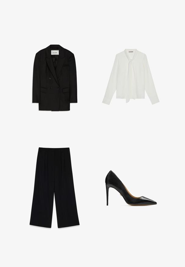 Sort dobbeltbrystet blazer lavet af glat stof, med slagkrave, to forlommer og en brystlomme med et elegant design.; Hvid bluse med lange ærmer lavet af glat stof, med en bindebånd ved halsen og skræddersyede manchetter. Enkel, klassisk design uden mønstre.; Sorte vide bukser lavet af glat stof, der har læg foran, en mellemhøj talje og ingen synlige lukninger eller pynt.; Sort læder højhælet sko med spids tå og en glat, slank overflade; har en stilettohæl og minimal dekoration.