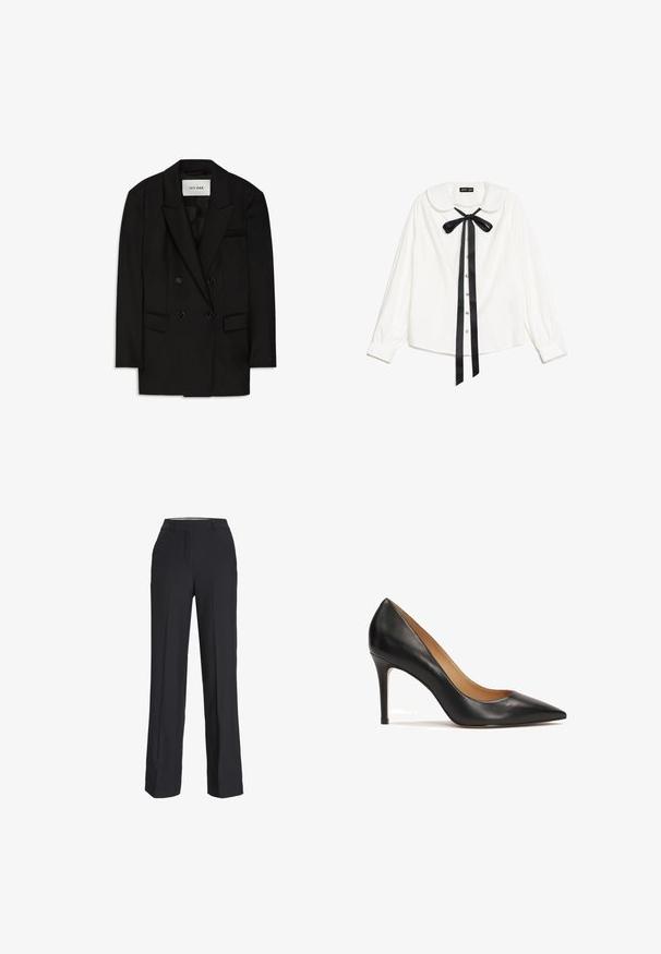 Blazer negro de doble botonadura hecho de una tela suave, con cuello de muesca, dos bolsillos frontales y un bolsillo en el pecho con un diseño elegante.; Blusa blanca de manga larga con cuello Peter Pan, lazo de satén negro en el cuello y botones de perla en la parte delantera.; Pantalones negros de cintura alta con corte recto. Fabricados en una tela suave, con pliegues delanteros y bolsillos laterales.; Zapato de tacón negro de piel con punta afilada, silueta elegante, tacón delgado y textura suave. Interior con forro beige.