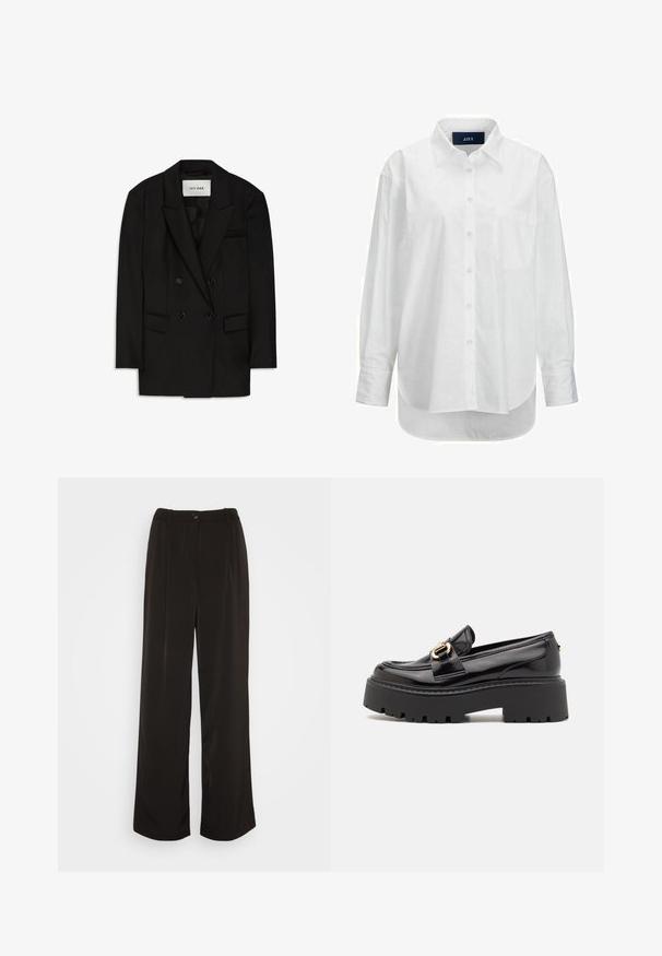 Blazer noir à double boutonnage en tissu lisse, doté d'un col cranté, de deux poches avant et d'une poche poitrine au design élégant.; Chemise blanche à manches longues en coton doux avec un col boutonné, une poche à l'avant et un ourlet arrondi. Présente un empiècement au dos pour plus de structure.; Vero Moda Wide leg VMLUNADESI Mid waist - Pantalon classique - black; Steve Madden OCCUPY - Chaussons - black