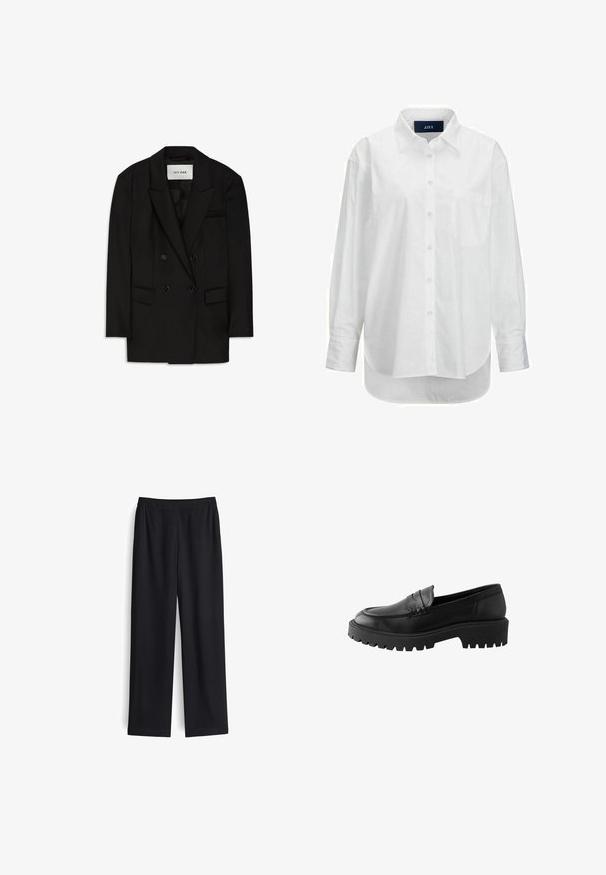 Schwarzer zweireihiger Blazer aus glattem Stoff, mit Reverskragen, zwei vorderen Taschen und einer Brusttasche in einem eleganten Design.; Weißes Langarmhemd aus glattem Baumwollstoff mit Button-Down-Kragen, Brusttasche und abgerundetem Saum. Verfügt über eine Schulterpasse für zusätzliche Struktur.; Schwarze weite Hose aus glattem Stoff mit elastischem Bund und ohne sichtbare Taschen. Gerade Form mit sauberem Finish.; Schwarze Lederloafer mit abgerundetem Zehenbereich, erhöhten Nähten und einer stabilen Gummisohle mit tiefen Profiltiefen für besseren Halt.