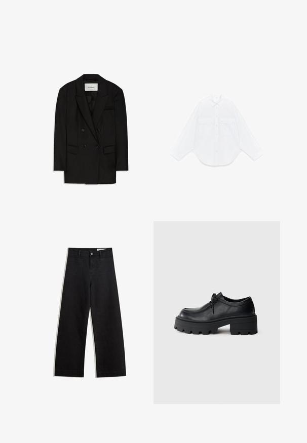 Sort dobbeltbrystet blazer lavet af glat stof, med slagkrave, to forlommer og en brystlomme med et elegant design.; Hvid skjorte med lange ærmer, knapper, spids krave og to forlommer med klapper og knapper, lagt fladt på en hvid baggrund.; Sorte wide-leg denim bukser med høj talje, der har front- og baglommer, syede sømme og en knaplukning. Glat tekstur.; Sort læder snørebåndssko med en tyk, tekstureret sort gummisål og en rund tå. Har subtile syninger.