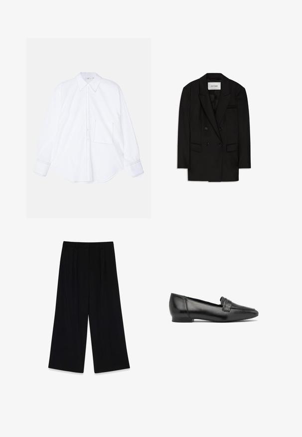 Sort dobbeltbrystet blazer lavet af glat stof, med slagkrave, to forlommer og en brystlomme med et elegant design.; Hvid langærmet skjorte fremstillet af glat stof, med knaplukning foran, stort krave, rundet nederste kant og en enkelt venstre brystlomme med syningsdetalje.; Sorte vide bukser lavet af glat stof, der har læg foran, en mellemhøj talje og ingen synlige lukninger eller pynt.; Sorte læder loafers med spidse tæer, der har en vandret læderremdetalje over vamps og en lav hæl. Glat tekstur.