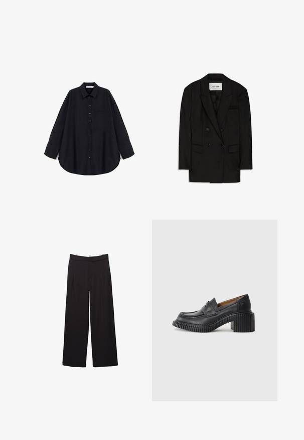 Zwarte double-breasted blazer van glanzende stof, met een gesneden kraag, twee voorkruiken en een borstzak met een strakke uitstraling.; Zwarte button-up shirt van een textuurstof. Heeft een puntige kraag, lange mouwen, een borstzak en een gebogen zoom.; Zwarte broek met wijde pijpen, voorplooien en riemlussen, getailleerde pasvorm, taille op middenhoogte en een verborgen sluiting aan de voorkant.; Zwarte leren instappers met een dikke, geribbelde rubberen hak. Voorzien van een ronde neus en een horizontale band over de wreef. Textuurondergrond.