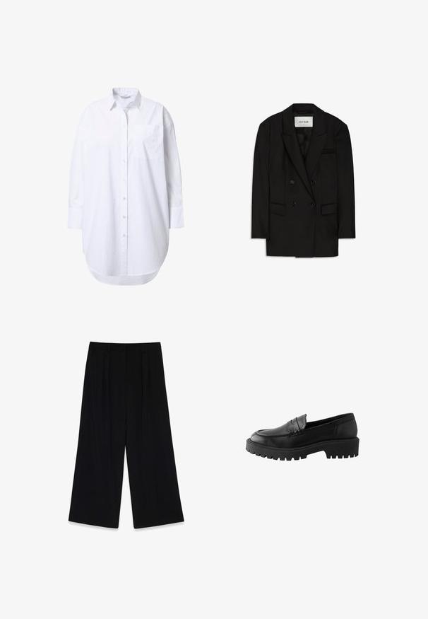 Sort dobbeltbrystet blazer lavet af glat stof, med slagkrave, to forlommer og en brystlomme med et elegant design.; Overdimensioneret hvid skjorte med lange ærmer, spidst krave, forlommer og let buet nederkant.; Sorte vide bukser lavet af glat stof, der har læg foran, en mellemhøj talje og ingen synlige lukninger eller pynt.; Sort læder loafer med rund tå, hævet sømdetalje og kraftig gummisål med dybe riller for bedre greb.
