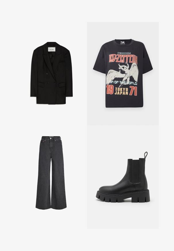 Sort dobbeltbrystet blazer lavet af glat stof, med slagkrave, to forlommer og en brystlomme med et elegant design.; Sort bomulds T-shirt med et stort grafisk print af en engel med teksten "Led Zeppelin i koncert Verdens Tour Tokyo Japan 1971."; Sorte jeans med høj talje og vide ben, lukkes foran med knap og lynlås, forlommer og frynset kant.; Sorte læder ankelstøvler med elastiske sidepaneler, chunky tekstureret sål og en løkke på bagsiden for nem påtagning.