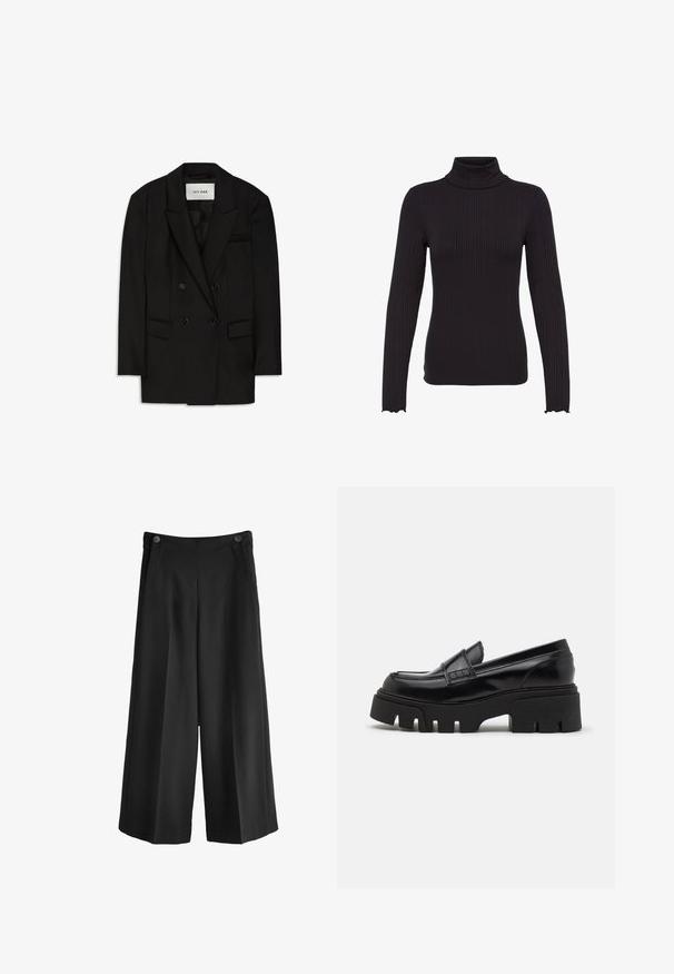 Blazer negro de doble botonadura hecho de una tela suave, con cuello de muesca, dos bolsillos frontales y un bolsillo en el pecho con un diseño elegante.; Jersey negro de manga larga con cuello alto acanalado, ajuste entallado, bajo recto y sutiles puños ondulados, presentado sobre fondo blanco liso.; Pantalones de pierna ancha negros con una cintura alta, hechos de una tela suave. Presenta dos bolsillos delanteros y dos botones en la cintura.; Mocasines de cuero negro con una suela de plataforma gruesa y texturizada, y una correa decorativa en la parte superior. Acabado liso y brillante.