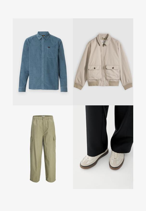 Beige-vetoketjullinen takki, jossa on terävä kaulus, kaksi etutaskua, joissa nappikiinnitys, sekä resorit hihansuissa ja helmassa, asetettuna tasaisesti valkoiselle taustalle.; Pitkähihaiseen siniseen corduroy-paitaan kuuluu napillinen kaulus, etutasku ja hillitty brändäys taskussa.; Vaaleanruskeat suorat cargo-housut, joissa on joustava vyötärö, napitus ja läppätaskut molemmin puolin.; Jalat, joissa on beigejä tennareita ruskeilla pohjilla ja mustat leveälahkeiset housut valkoisella taustalla.