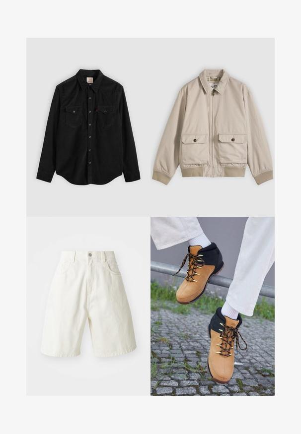 Chaqueta beige con cremallera, cuello puntiagudo, dos bolsillos delanteros con solapa y botón, y puños y dobladillo acanalados, extendida sobre un fondo blanco.; Camisa de pana negra con mangas largas, cierre de botones, dos bolsillos en el pecho y cuello puntiagudo. Tejido texturizado con un acabado suave.; Pantalones cortos de mezclilla blanca con un ajuste relajado, que cuentan con cinturilla, cinco bolsillos y piernas rectas. La tela tiene una ligera textura.; Botas de senderismo marrones y negras con parte superior de ante, ojales dorados y cordones con patrón, exhibidas en una barandilla sobre adoquines. Calcetines blancos visibles.