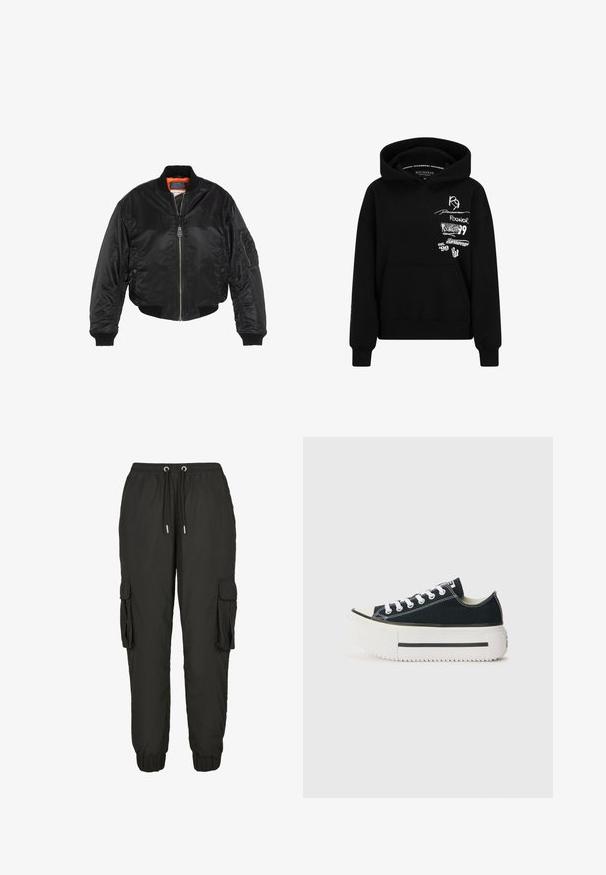 Zwarte bomberjack van glanzend nylon, voorzien van ribgebreide manchetten en zoom, oranje voering en meerdere zakken, waaronder een met rits afgesloten zak op de arm.; Zwarte hoodie met een voorzak, een trekkoordkap en meerdere witte logo-afdrukken op de borst en mouw. Zacht katoenen materiaal.; Zwarte cargobroek van lichtgewicht materiaal, met een elastische tailleband, verstelbaar trekkoord, zijzakken en geribbelde manchetten.; Zwarte canvas sneakers met een witte rubberen zool, met een dikke plateauzool, witte veters en contrasterende stiksels langs de naden.