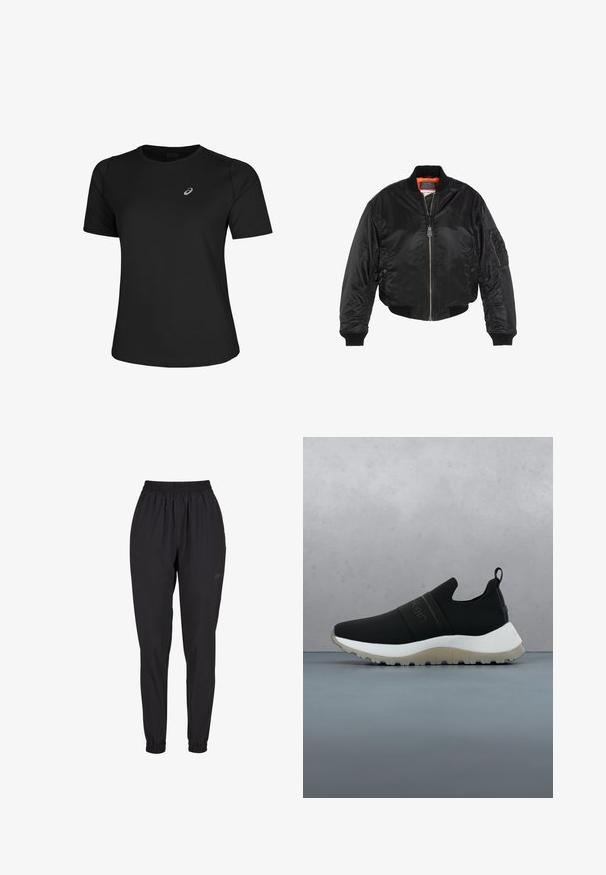 Schwarze Bomberjacke aus glänzendem Nylon, mit gerippten Bündchen und Saum, orangefarbenem Futter und mehreren Taschen, einschließlich einer mit Reißverschluss versehenen Armtasche.; Schwarzes Sport-T-Shirt aus glattem Material, mit Rundhalsausschnitt und kurzen Ärmeln. Es verfügt über ein reflektierendes Logo auf der linken Vorderseite.; Schwarze elastische Hosen mit gerafften Bündchen, geradem Bein Design, aus leichtem Material, mit einem dezenten Logo an der Seite.; Schwarzer, zum Hineinschlüpfen gedachter Sportschuh mit weißer Sohle und strukturiertem Grip, schwebend über einer Holzfliesenoberfläche im Freien in der Nähe von Grünpflanzen.
