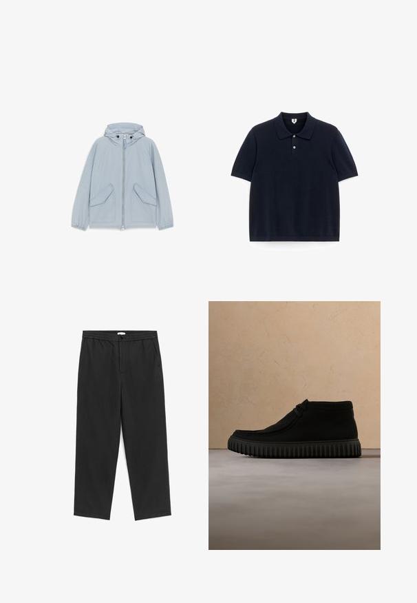Veste à capuche bleu clair avec fermeture éclair à l'avant, deux grandes poches à rabat, poignets élastiques et cordons de serrage réglables sur la capuche.; Polo bleu marine foncé à manches courtes avec un col classique et deux boutons sur le devant, sur fond blanc.; Pantalon noir à jambes droites avec ceinture élastique, bouton à l'avant, fermeture éclair et poches latérales, présenté à plat sur un fond blanc.; Bottes de cheville noires en matériau doux, avec un bout rond, un lacet minimal, et une semelle en caoutchouc texturée comportant des rainures verticales.