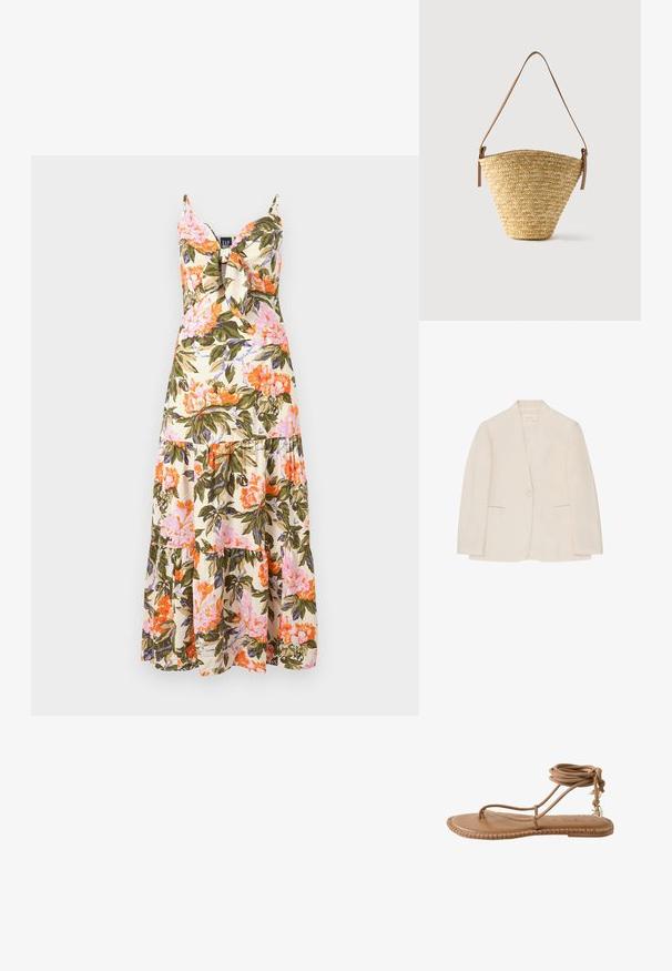 Crèmekleurig damesblazer met enkele knoopsluiting, twee voorzakken met openingen en kraag zonder inkeping, weergegeven op een witte achtergrond.; Florale maxi-jurk met spaghettibandjes, crèmekleurige stof met roze, oranje en groene bloemmotieven, en een gelaagde volantzoom.; Bruine platte sandaal met dunne bandjes, enkelwikkel en kleine schelpenhangertjes aan het enkelkoordje, afgebeeld op een witte achtergrond.; Gevlochten strooien bucketbag met brede basis, smalle bovenkant en verstelbare bruine leren schouderriem.