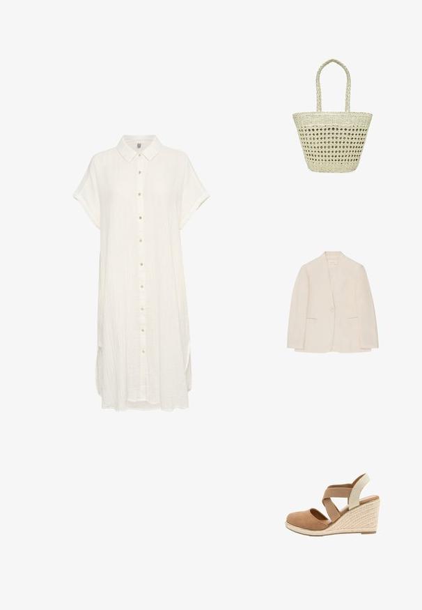 Blazer para mujer de color crema con cierre de un solo botón, dos bolsillos frontales con abertura y cuello sin muesca, exhibido sobre un fondo blanco.; Vestido camisero blanco de manga corta, confeccionado en una suave tela texturizada. Presenta un cierre de botones en la parte delantera y un cuello clásico, con un corte relajado y aberturas laterales.; Sandalia cuña marrón con puntera cerrada, tiras elásticas cruzadas, correa trasera beige y tacón con textura tejida.; Bolso tote de paja tejida color crema con patrón de tejido abierto y dos asas trenzadas que se extienden por encima del borde del bolso.