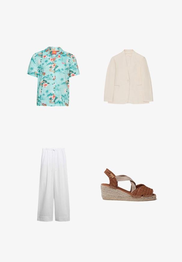 Blazer para mujer de color crema con cierre de un solo botón, dos bolsillos frontales con abertura y cuello sin muesca, exhibido sobre un fondo blanco.; Camisa de manga corta con botones en tejido azul claro con estampado tropical de flores y motivos isleños, con cuello campestre y botones marrones.; Pantalones blancos de pierna ancha con cintura elástica y cordón, fabricados con tela ligera para un ajuste relajado.; Sandalia cuña de cuero trenzado marrón con plantilla de yute natural y tira cruzada de tela marrón. Diseño de punta abierta con acentos texturizados.